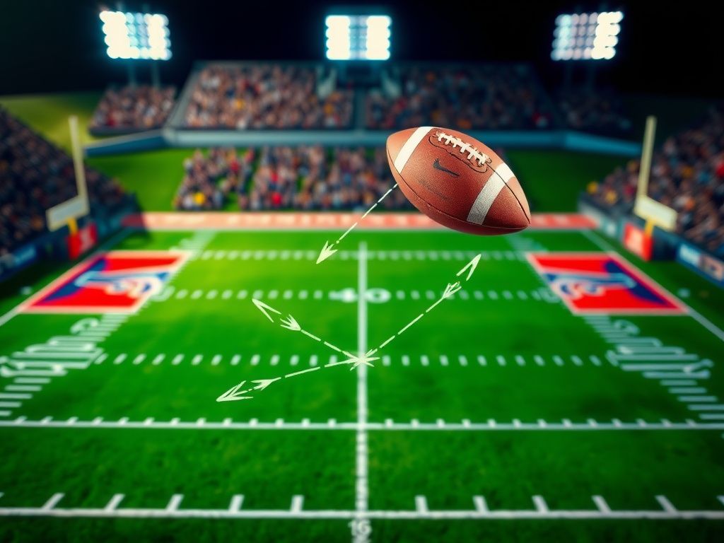 Flick International Aerial view of a football field featuring bright yard lines and a chalk diagram of a trick play.