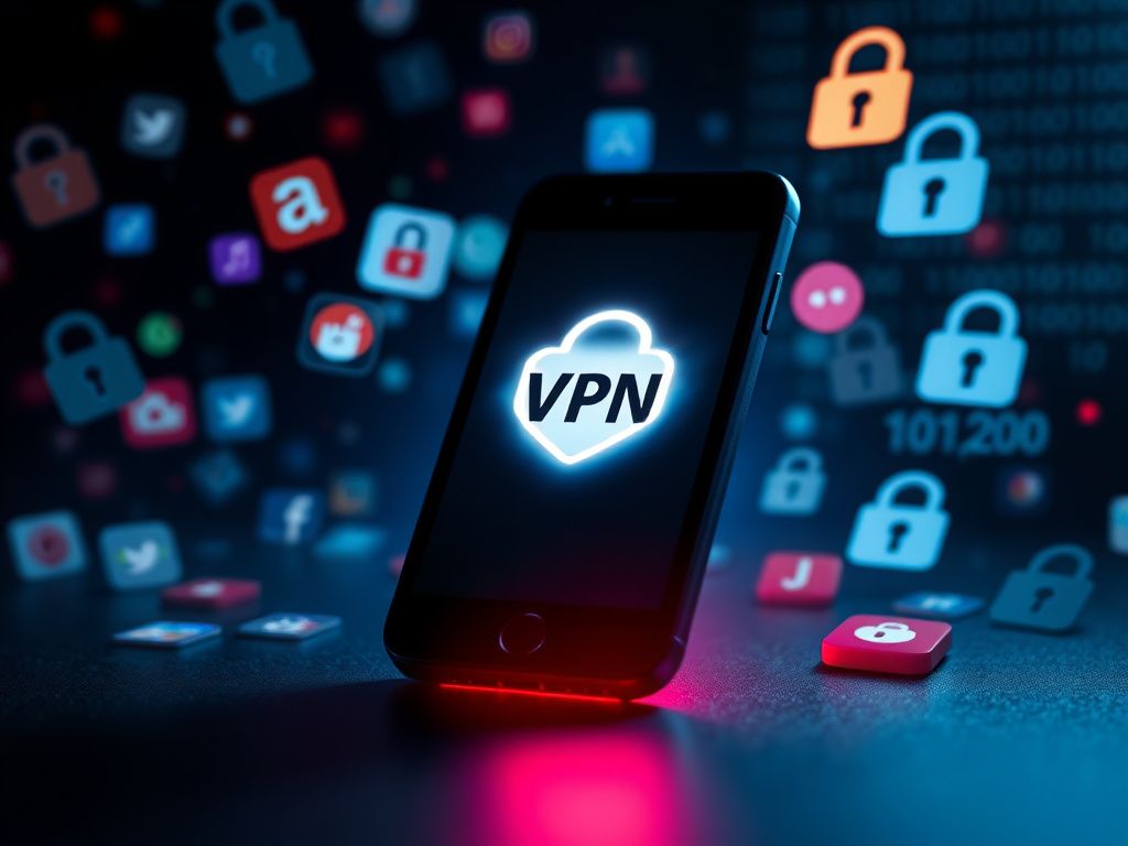 Flick International A smartphone displaying a glowing VPN icon amidst a dark, chaotic background of distorted app icons and binary code