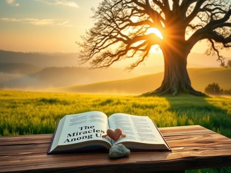 Flick International A serene dawn landscape with a wooden table featuring an open book and a mezuzah symbolizing hope and healing