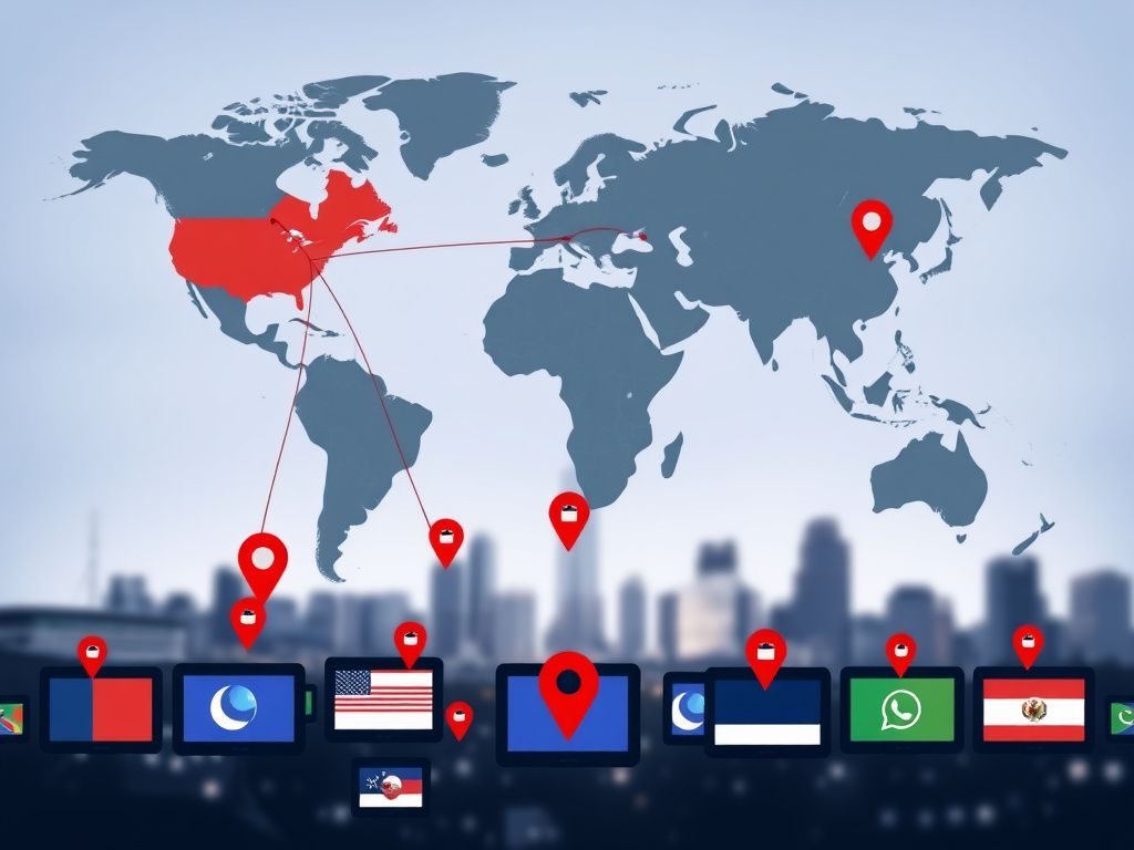 Flick International Digital illustration of a fragmented world map depicting fraudulent social media accounts posing as Americans