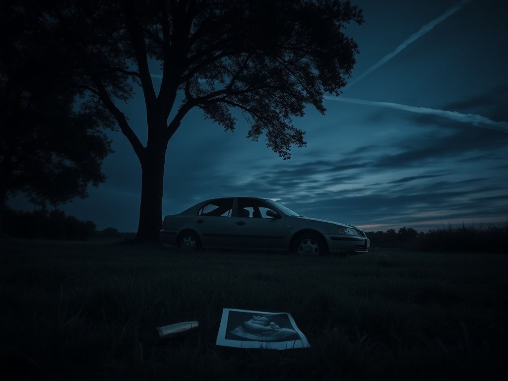 Flick International Abandoned car under a tree in a somber park setting