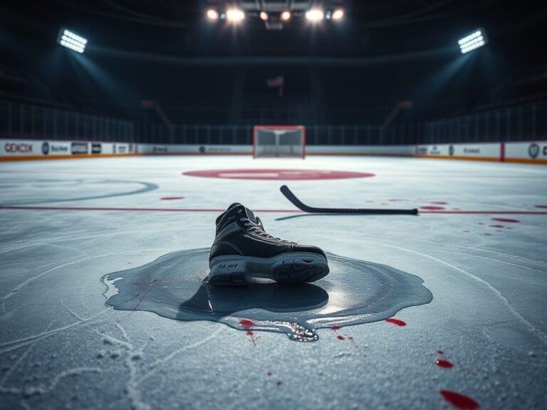 Flick International Close-up view of an abandoned pair of hockey skates on the ice amidst scuff marks and signs of intense play