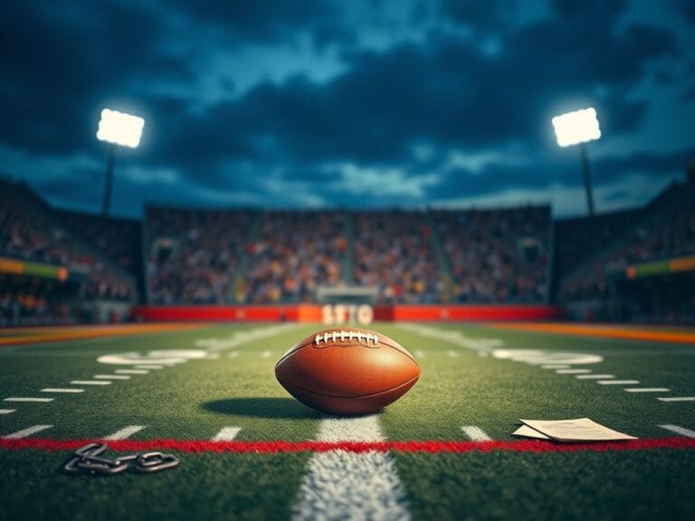 Flick International A dramatic football field at twilight showcasing a single football on the 50-yard line amidst a blurred crowd