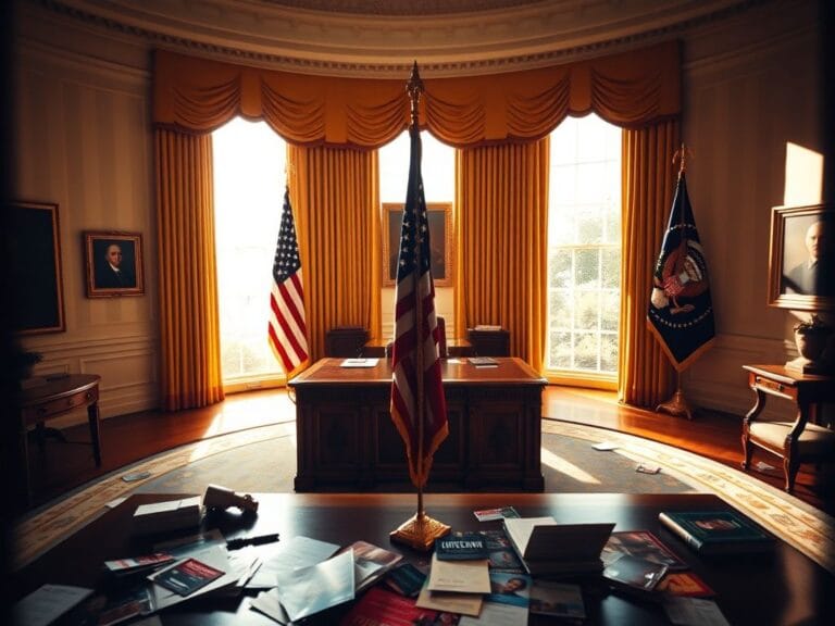 Flick International Dramatic interior view of the Oval Office featuring the Resolute Desk and American flag