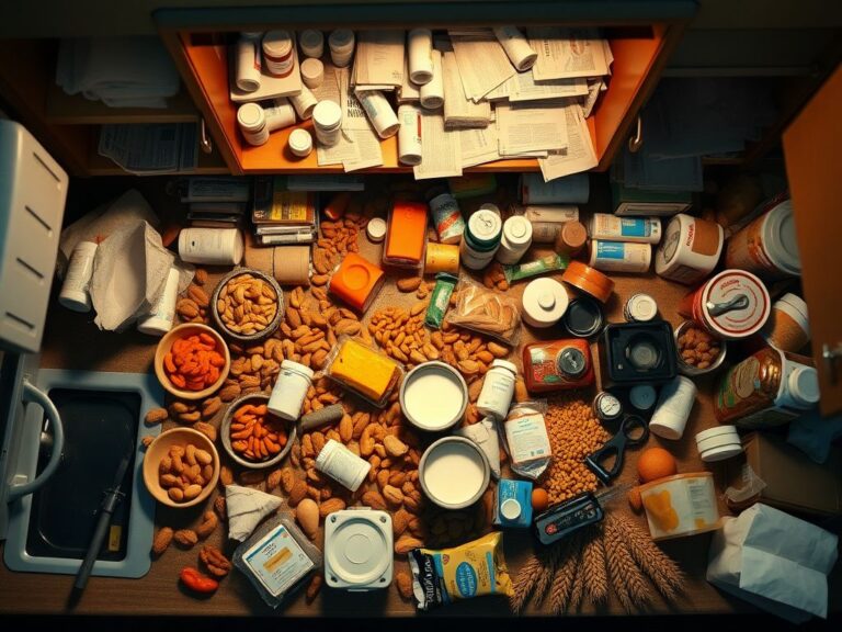 Flick International Overhead shot of a chaotic kitchen counter filled with common food allergens.