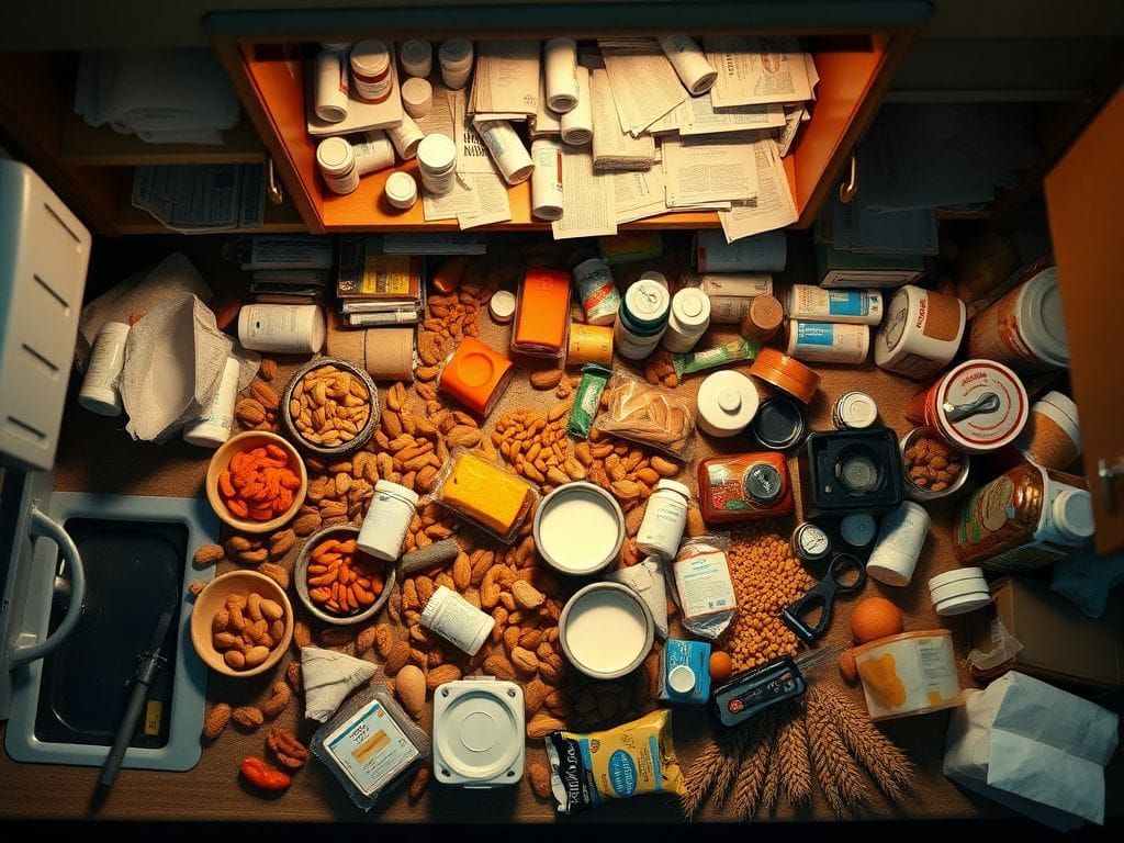 Flick International Overhead shot of a chaotic kitchen counter filled with common food allergens.