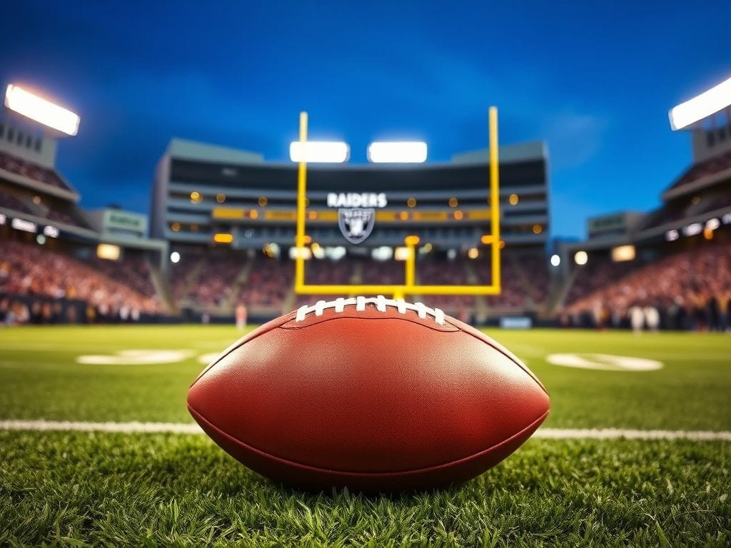 Flick International A polished football on green grass at Allegiant Stadium, symbolizing Shedeur Sanders' first NFL start