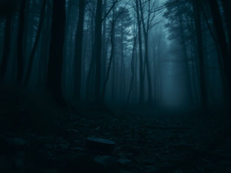 Flick International Eerie forest scene at twilight with a discarded monitoring bracelet on the ground