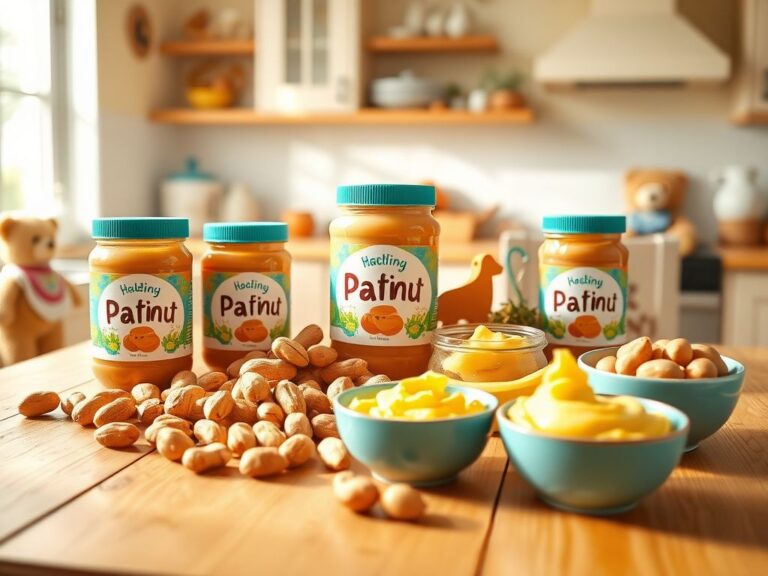 Flick International Colorful baby foods displayed in a warm kitchen setting with jars of peanut butter and fresh peanuts