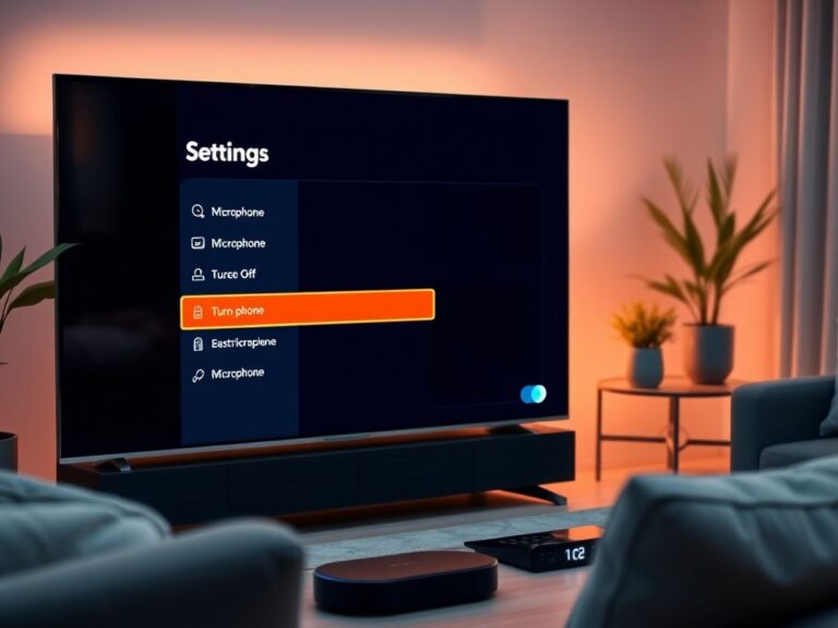 Flick International Close-up view of a modern smart TV displaying microphone settings in a cozy living room.