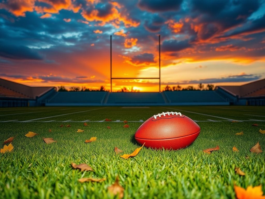 Flick International A scuffed football on a vibrant autumn football field with goalposts against a sunset sky