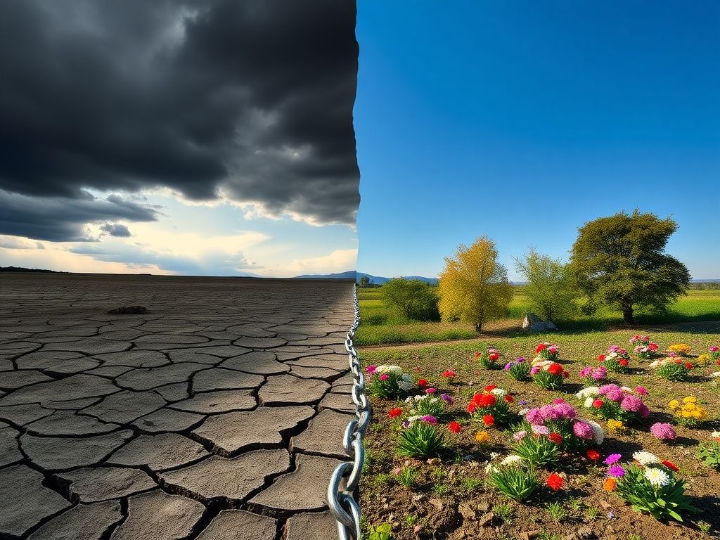 Flick International A split landscape representing political tension with cracked earth and a blooming garden