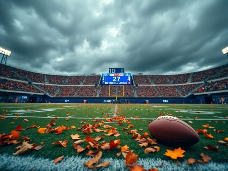 Flick International A dramatic view of a football field with a blurred scoreboard showing Giants 27, Lions 34.