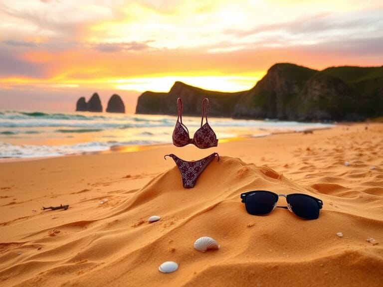 Flick International A patterned brown and white bikini draped over a sandy mound on a serene Australian beach at sunset