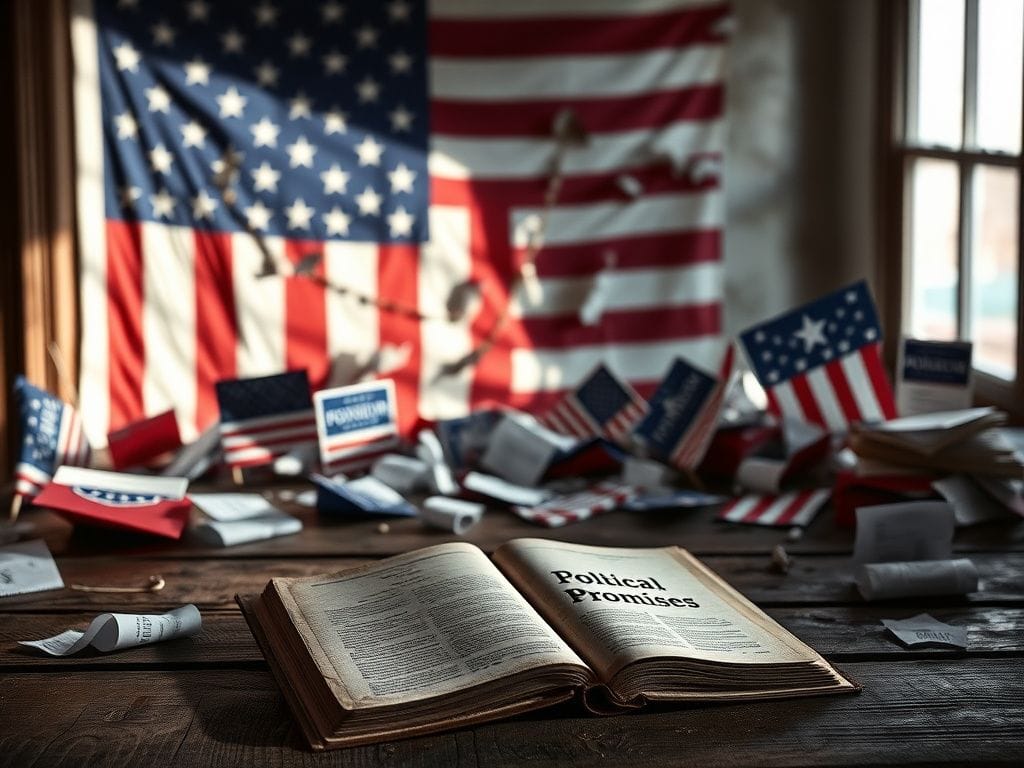 Flick International Fragmented political landscape with a stylized American flag, torn campaign signs, and scattered ballots on a weathered table