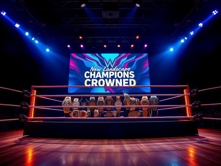 Flick International A dramatic wrestling ring highlighted by spotlights and championship belts