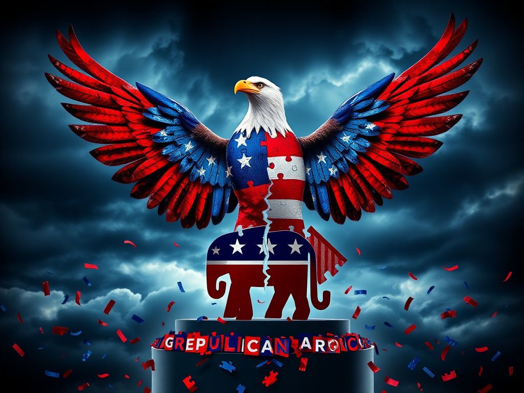 Flick International A vibrant representation of a fragmented Republican Party symbol featuring an eagle with the American flag colors.