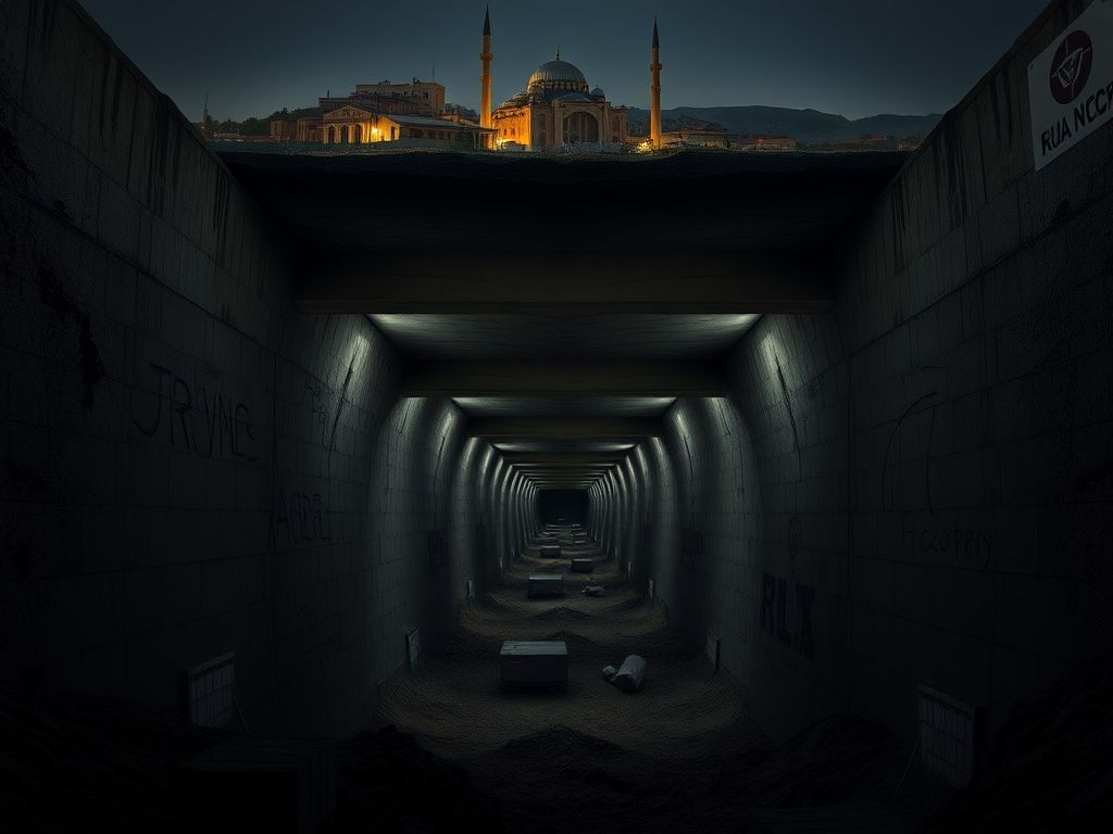 Flick International An underground Hamas tunnel with reinforced concrete walls seen from a low angle.