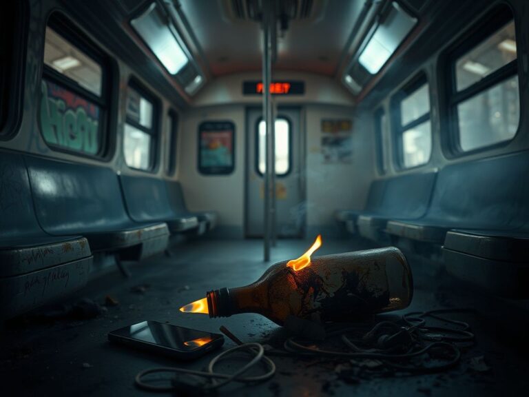 Flick International Dimly lit Chicago train interior with graffiti and an overturned charred bottle
