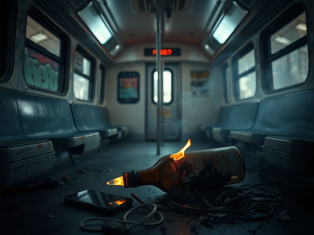 Flick International Dimly lit Chicago train interior with graffiti and an overturned charred bottle