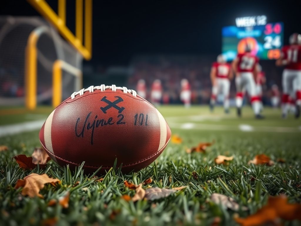 Flick International Close-up of a weathered football resting on grass with fallen leaves and a blurred goalpost in the background