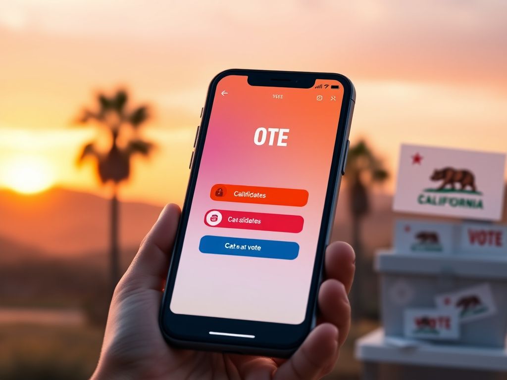 Flick International Close-up of a smartphone displaying a voting interface in a Californian landscape