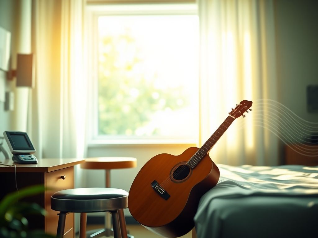 Flick International Hospital room with an empty artist's stool and acoustic guitar symbolizing Donald Glover's tour cancellation