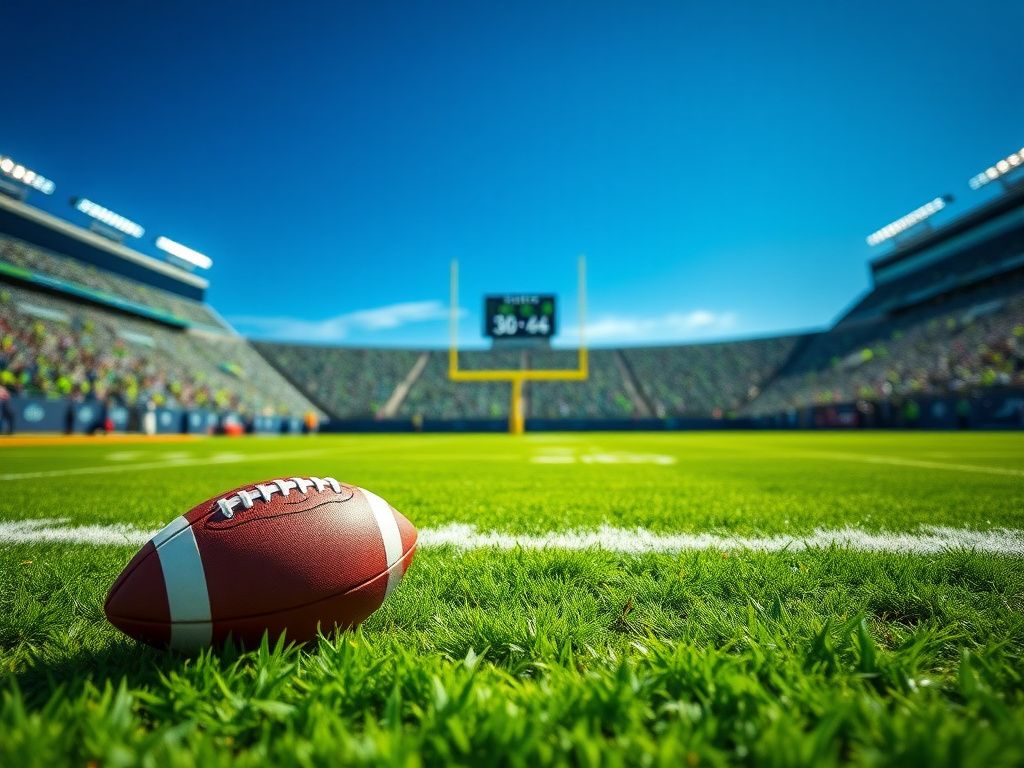 Flick International Football field scene during an exciting Seahawks game, featuring a football and yellow first down marker.