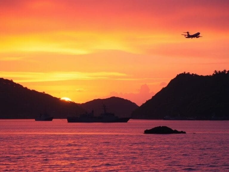 Flick International Serene coastal landscape of Puerto Rico at sunset with naval ships anchored