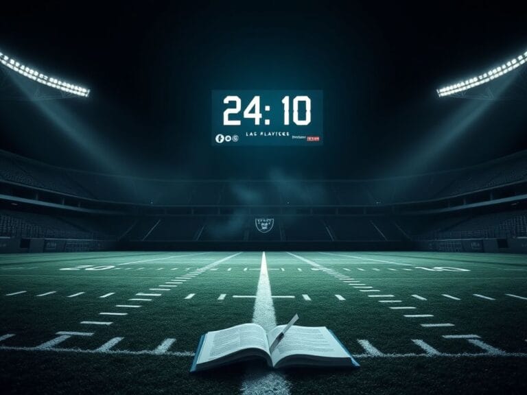 Flick International Dimly lit football stadium with empty field and Raiders logo, reflecting team disappointment