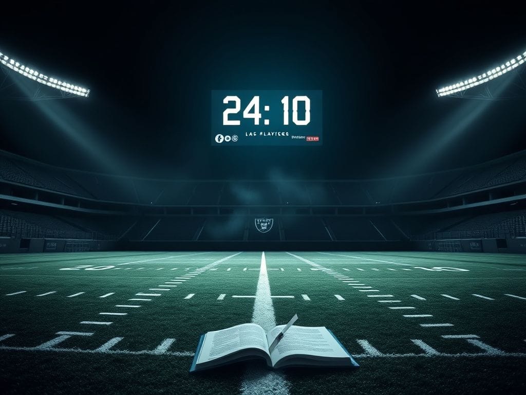 Flick International Dimly lit football stadium with empty field and Raiders logo, reflecting team disappointment