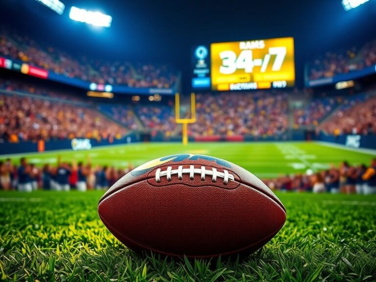 Flick International Vibrant football stadium scene with Los Angeles Rams colors and cheering crowd