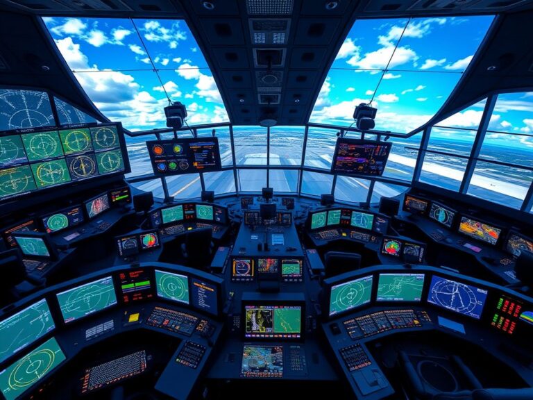 Flick International Aerial view of a busy air traffic control simulation room with advanced technology