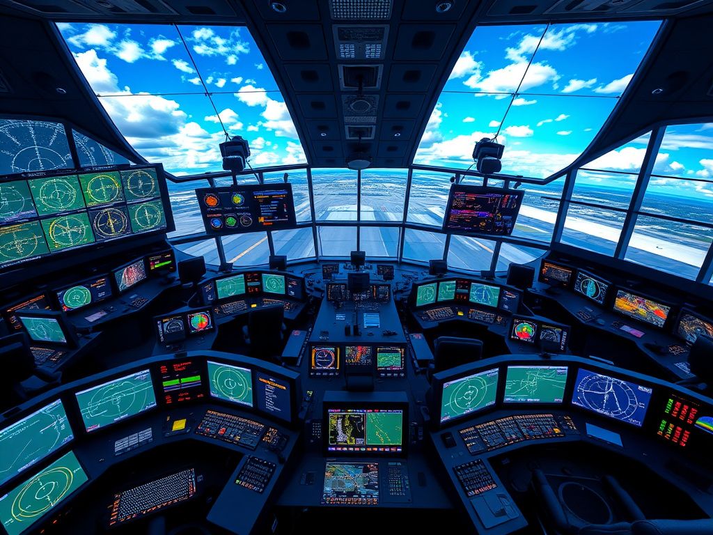 Flick International Aerial view of a busy air traffic control simulation room with advanced technology