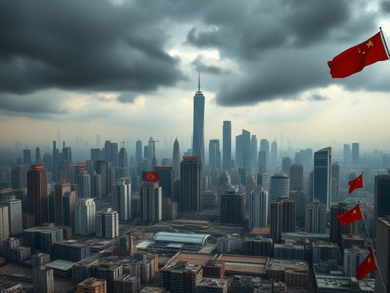 Flick International Urban landscape of China showing modern skyscrapers and unfinished high-rises, highlighting economic challenges.