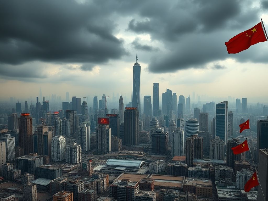 Flick International Urban landscape of China showing modern skyscrapers and unfinished high-rises, highlighting economic challenges.