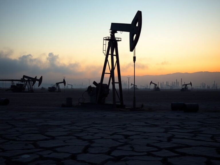 Flick International A desolate California landscape at dusk with a rusted oil pump jack and abandoned machinery symbolizing the energy crisis