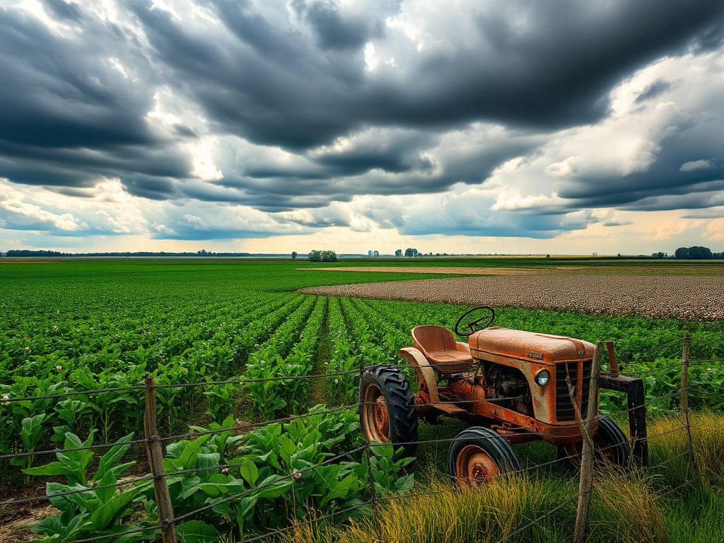 Flick International Lush green soybean, corn, and cotton fields in Arkansas with an idle rusted tractor in the foreground