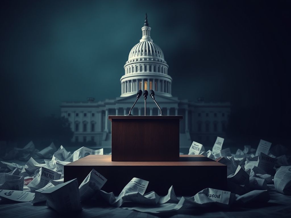 Flick International Conceptual image of the U.S. Capitol building with an empty podium symbolizing political turmoil