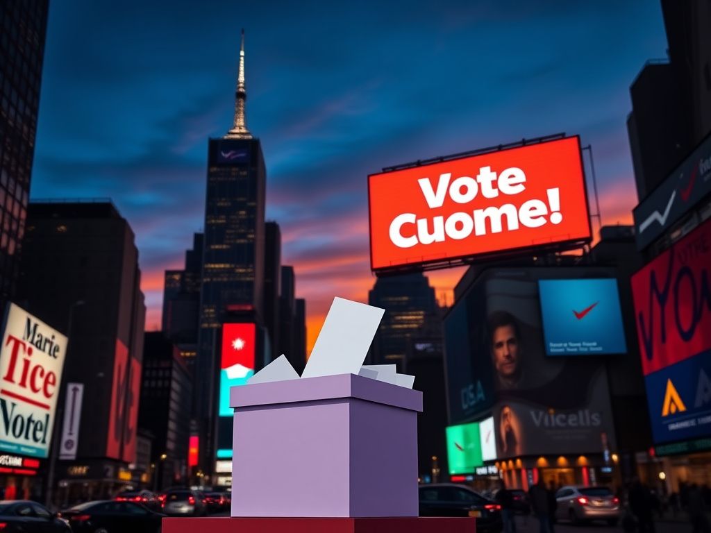 Flick International A dynamic cityscape of New York City at dusk featuring iconic skyscrapers and vibrant Times Square lights promoting a political campaign.