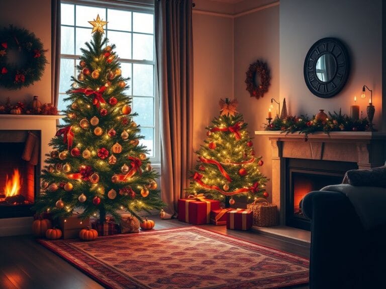 Flick International Cozy living room with a beautifully decorated Christmas tree and gentle snowfall outside the window