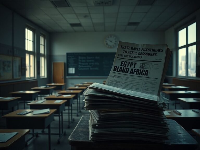 Flick International A stark image of an empty classroom with neglected educational materials and travel brochures scattered on a desk