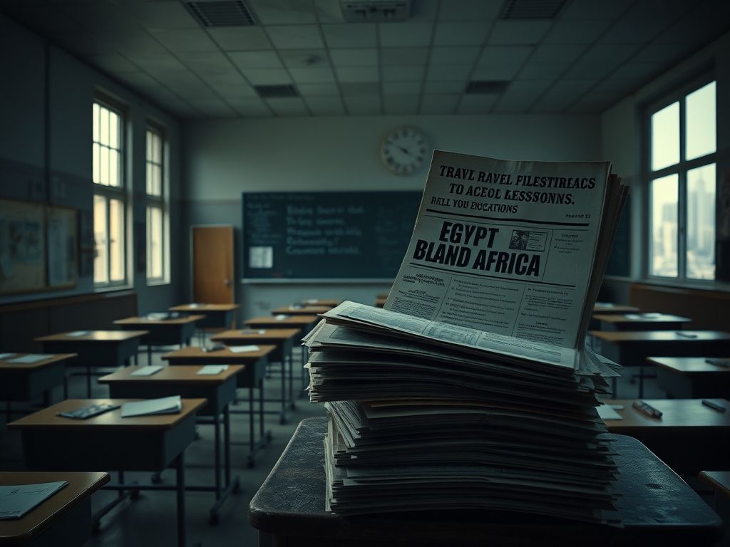 Flick International A stark image of an empty classroom with neglected educational materials and travel brochures scattered on a desk