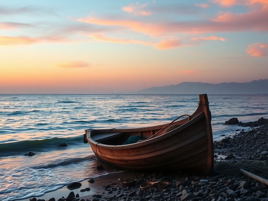 Flick International A serene coastal landscape at dawn with an ancient wooden fishing boat symbolizing Saint Peter's humble beginnings
