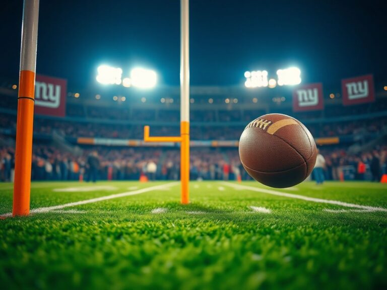 Flick International Close-up of a football goalpost illuminated by stadium lights, symbolizing a critical late-game decision.
