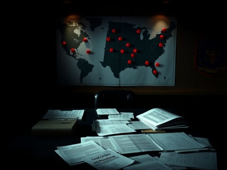 Flick International Dimly lit military command room with map and documents symbolizing military orders and legal complexities