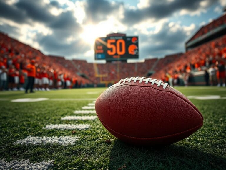 Flick International A Cleveland Browns football resting on the 50-yard line with the logo visible, surrounded by cheering fans