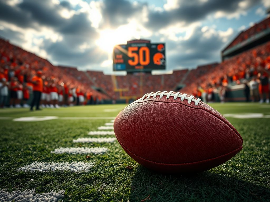 Flick International A Cleveland Browns football resting on the 50-yard line with the logo visible, surrounded by cheering fans