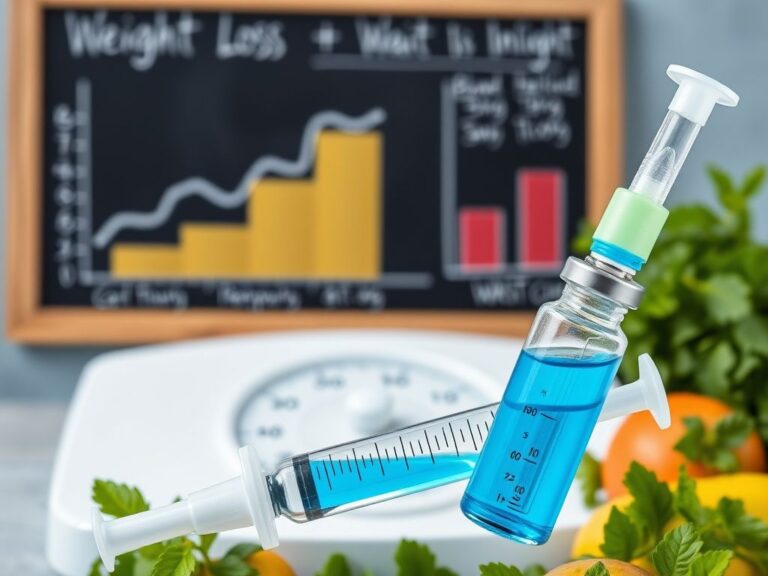 Flick International Close-up of a syringe filled with vibrant blue eloralintide medication against a scale showing weight reduction