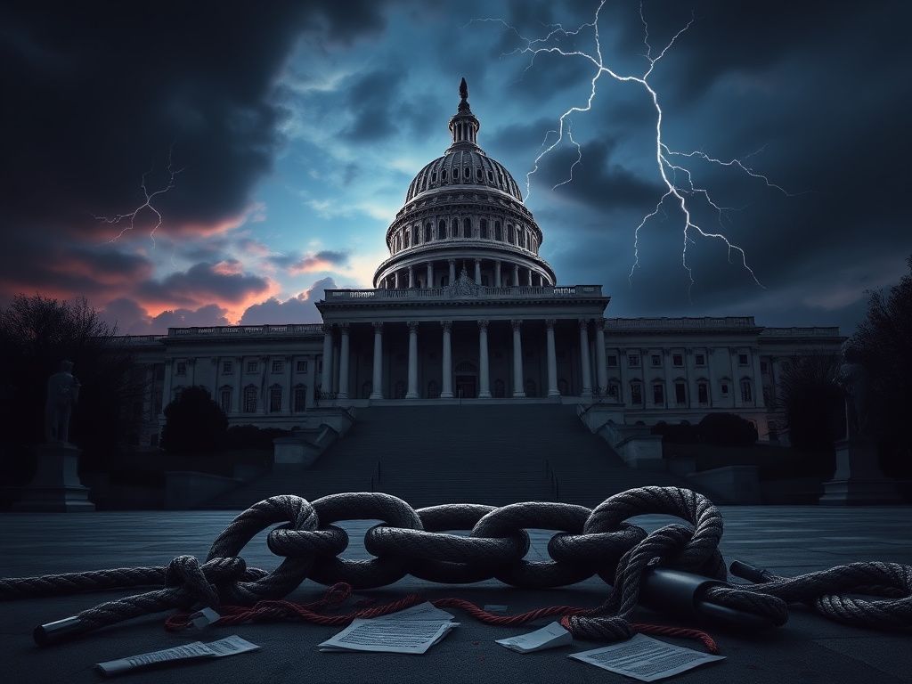 Flick International Darkened U.S. Capitol building with stormy sky representing political tension